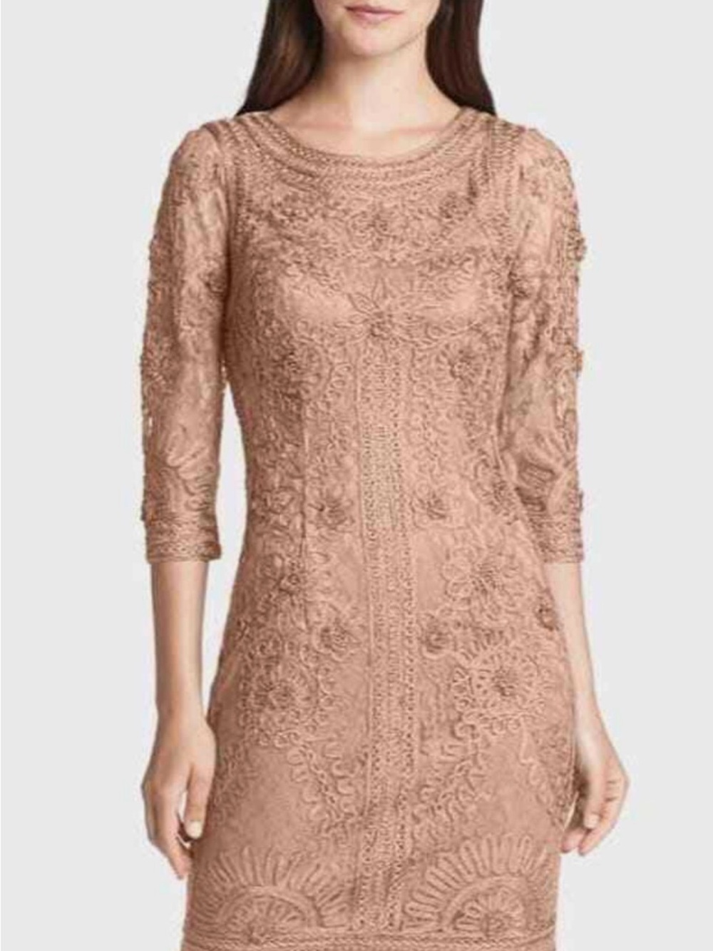 Sue Wong Blush Lace Long-Sleeve Sheath Dress